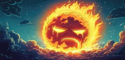 12080122 191 cartoon earth with rising temperatures and a frowning sun --ar 16:9 --quality 2 --styli