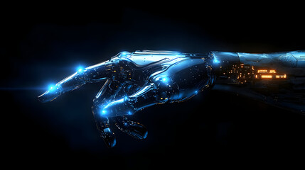 Sticker - A futuristic robotic hand reaching out, illuminated with blue lights against a dark background.