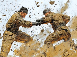 Fierce Cartoon Battle Scene: Rival Soldiers Engaged in Intense Hand-to-Hand Combat