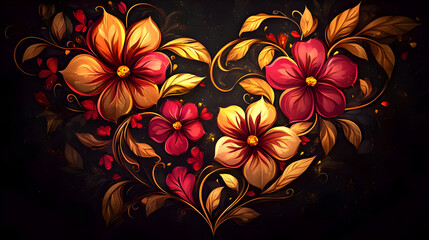 Sticker - A vibrant floral heart design with intricate leaves and blossoms in warm colors.