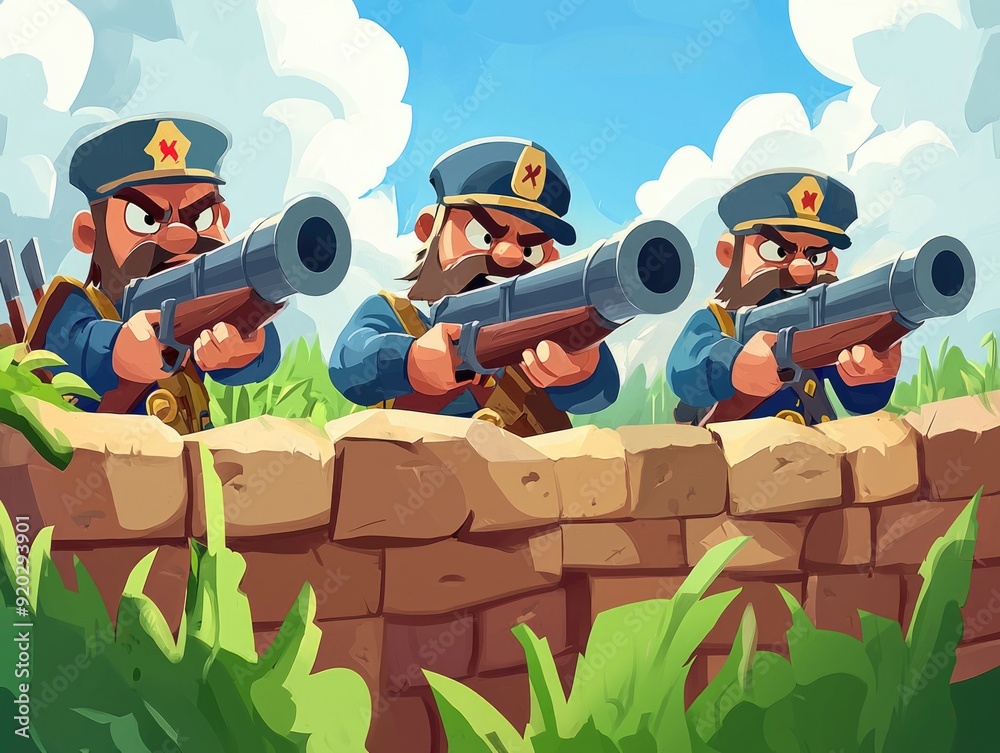 Cartoon Soldiers in Intense Trench Warfare with Heavy Artillery Attack