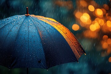 close-up of umbrella in rain with blurred background