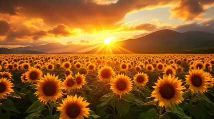 Wall Mural - A vibrant sunset over a field of sunflowers, showcasing nature's beauty and tranquility.