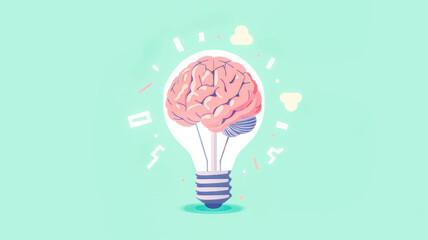 Wall Mural - Illustration of a lightbulb with a brain inside, symbolizing creativity, innovation, and ideas on a light green background.