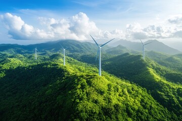 Wall Mural - A lush forest restoration with wind turbines installed on a mountain ridge emphasizes the harmony between environmental conservation, renewable energy, and ecological restoration. 