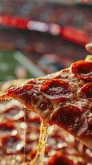 Wall Mural - Close-Up of Pizza Slice with Blurred Football Stadium Background