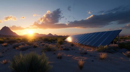 Wall Mural - Solar panels installed on a reclaimed desert landscape showcase the intersection of environmental conservation, renewable energy, and the restoration of natural habitats.