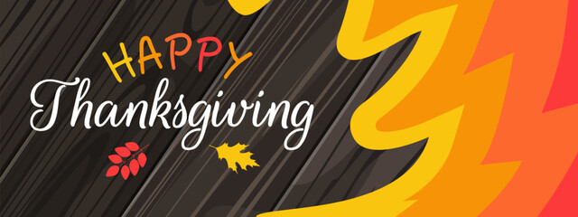 Wall Mural - happy thanksgiving day banner     autumn leaves on wooden background vector illustration