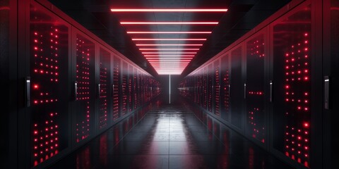 Poster - A sleek and modern data center space is illuminated with striking red lights and features polished flooring throughout