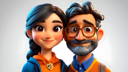 Sticker - A cheerful animated duo, a young woman and an older man, smiling together in a friendly pose.