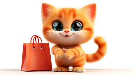 Wall Mural - A cute orange kitten stands beside a small red shopping bag, exuding playfulness.