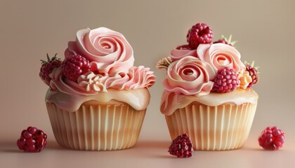 Wall Mural - Delicious cupcakes with raspberry and rose frosting on a neutral background