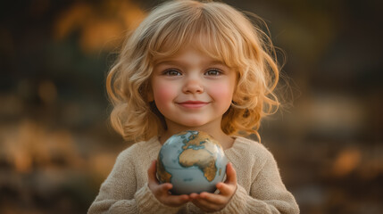 Wall Mural - Portrait of a peaceful child, holding a small globe in hands, gentle smile, warm lighting, International Day of Peace theme, soft focus on face, detailed textures, serene and hopeful atmosphere