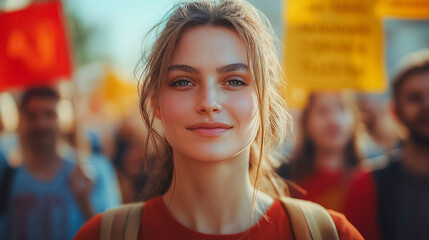 Poster - A woman with a red shirt and a backpack stands in front of a crowd of people holding a sign