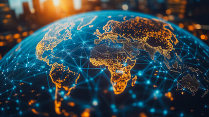 Fototapete - Global business and digital organization concept with a business team working on global network connections and data exchange, emphasizing teamwork, HR recruitment, and global outsourcing