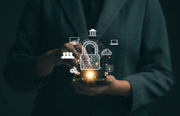 Fototapete - Cyber ​​security protection concept, personal data protection and financial transaction protection. Security lock technology protects personal information on smartphones.