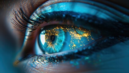 Close-up of an eye reflecting vibrant city lights at night with a cosmic glow