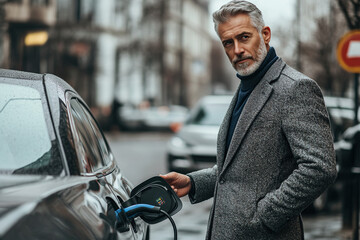 Senior man plugging in electric car for charging