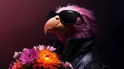 Poster - A stylized bird wearing sunglasses and holding flowers, exuding a cool and vibrant vibe.