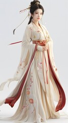 Elegant 3D character of a beautiful woman in traditional Hanfu on a white background, showcasing the richness of Chinese culture and heritage. This charming design embodies grace and sophistication, m