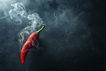 Wall Mural - Delicious smoky red pepper, isolated on dark background. A vibrant red chili pepper covered in water droplets, with wisps of smoke curling around it.
