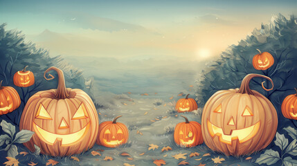 illustration of a haunted pumpkin patch with spectral lights and eerie jack-o'-lanterns perched abov
