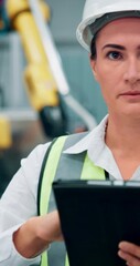 Poster - Woman, engineer and tablet for robotics at workshop of machine research, inspection and automation safety. Person, digital and checklist for production process, technical guide and manufacturing site
