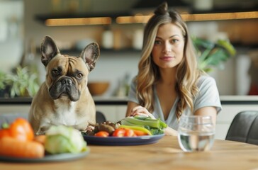 A woman sits at a table with a plate of vegetables and a glass of water. A dog is sitting in front of her, looking at the food