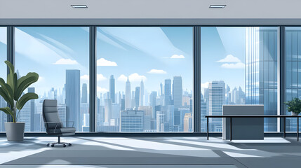 Canvas Print - Modern office interior with city skyline view through large windows.