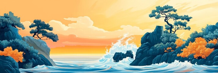 Wall Mural - A sunset scene with two rocky islands with trees and an ocean with crashing waves in the foreground.