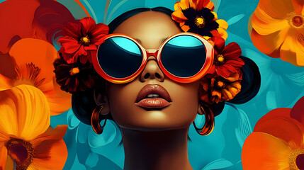 Sticker - A vibrant illustration of a woman with sunglasses and floral accents, exuding summer vibes.