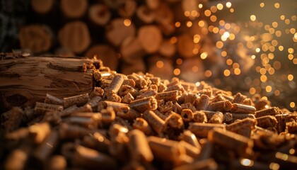 Wood pellets stacked near logs against a blurred background with glowing sparks at sunset