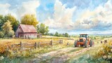 Delightful farm scene with tractors and animals in pastel colors, watercolor oil painting for a child's room