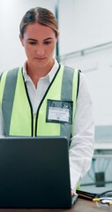 Poster - Laptop, stock and woman engineer in factory for inventory management or planning. Checklist, computer and logistics with person typing in industrial plant for automated manufacturing or production