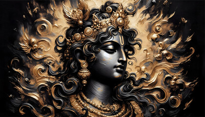 Wall Mural - black and golden oil paint brush stroke art of lord krishna