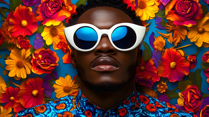 Sticker - A stylish individual poses against a vibrant floral backdrop, showcasing fashion and color.