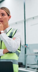 Aufkleber - Arms crossed, laptop and problem solving with woman engineer in factory for inventory management or planning. Checklist, computer and logistics with person thinking for manufacturing or production
