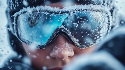 Wall Mural - A person wearing goggles and a hat is standing in the snow