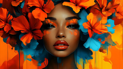 Sticker - A vibrant portrait of a woman adorned with colorful flowers, showcasing beauty and art.