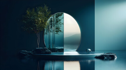 Poster - A serene landscape featuring a mirrored structure and a tree, reflecting nature's beauty.