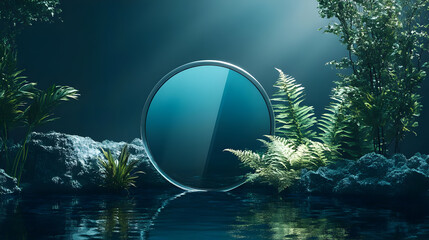 Wall Mural - A serene scene featuring a circular mirror surrounded by lush greenery and water.