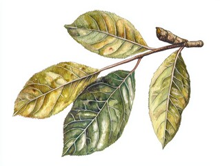 Watercolor Illustration of a Medlar Leaf on White Background, Ideal for Botanical and Nature Designs Generative AI