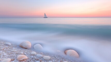 Wall Mural - Seashells on the beach at sunset with a sailboat on the horizon.