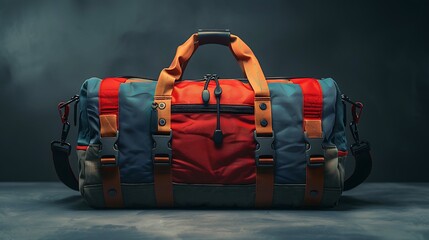 A travel bag with zippers and pockets on a white background