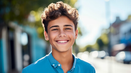 Wall Mural - Happy cheerful young latino generation z. Smiling funny ethnic cool generation z teenage student, light blue background.