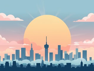 A vibrant skyline silhouette at sunset, featuring colorful clouds and towering buildings, perfect for urban and nature themes.