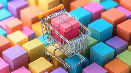 Poster - A Shopping Cart with a Gift Box on a Field of Colorful Cubes