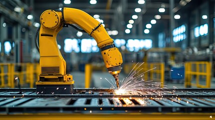 Poster - Yellow Industrial Robot Arm Welding Metal in a Factory