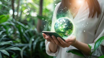 Woman Holding a Smartphone with a Digital Globe