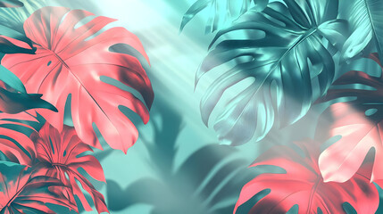 Wall Mural - A vibrant illustration of tropical leaves in shades of teal and pink, creating a lush ambiance.